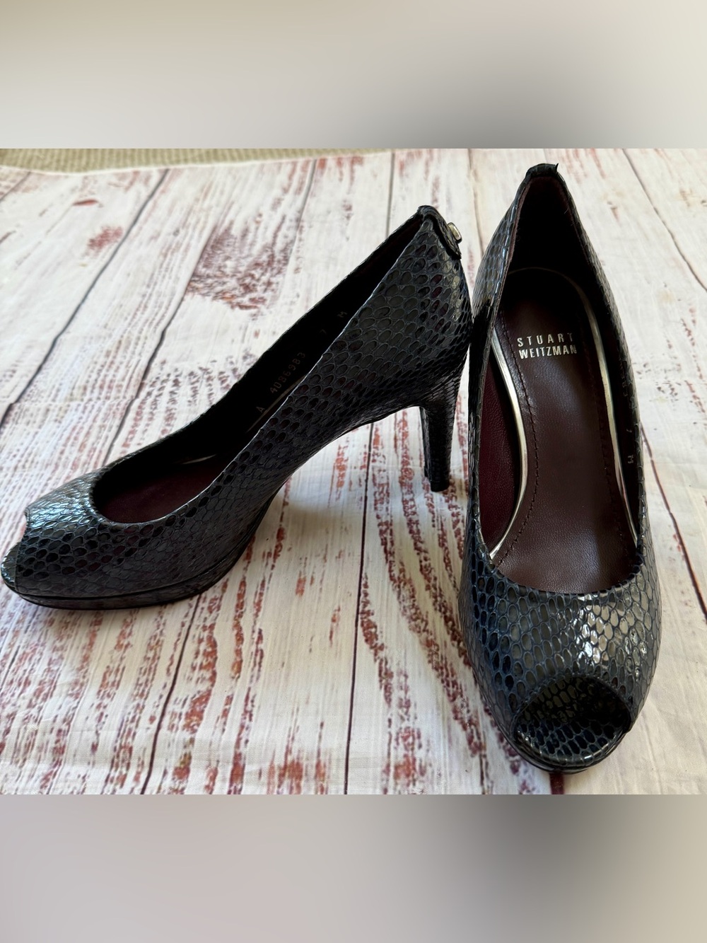 Stuart Weitzman navy blue snakeskin patent leather peep toe high heel pumps; 7 - Picture 2 of 10